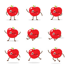Cute Smiling Red Apple Character. Kawaii Red Fruit Mascot Style Vector. Cute vector character set in various action emotions. Collection symbols isolated on a white background