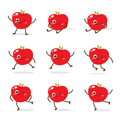 Cute Smiling Red Apple Character. Kawaii Red Fruit Mascot Style Vector. Cute vector character set in various action emotions. Collection symbols isolated on a white background