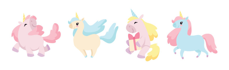 Cute Unicorn with Twisted Horn and Mane Vector Set