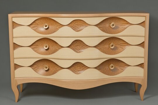 Handcrafted Wooden Dresser with Unique Wave Design Front View Studio Shot Interior Design Furniture Storage Solution