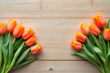 bunch of orange tulips on a wooden table