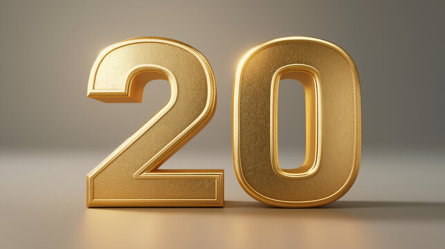 Elegant 3D golden number 20 showcasing luxury design in a simple artistic display