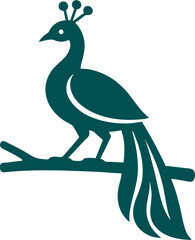 Peacock perched on a branch in minimal flat vector