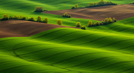 Rolling hills of lush green landscape with gentle slopes and vibrant colors