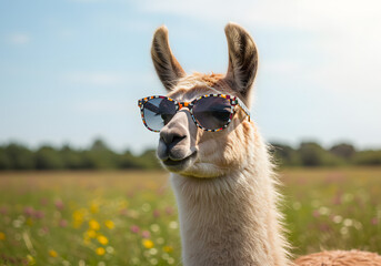 Obraz premium Llama outdoors with sunglasses