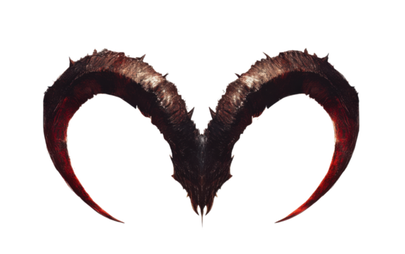 The horns of a ram are depicted in red and black, with a menacing on transparent or white background