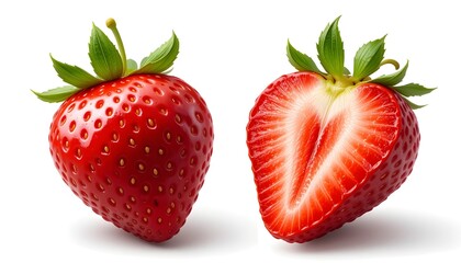 Fresh and Juicy Strawberries A Whole Berry and a Halved Strawberry with Lush Green Leaves, Perfect for Healthy Eating and Culinary Presentations