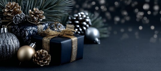 Naklejka premium Elegant Christmas Presents with Pine Branches, Silver Ornaments, and Gold Accents on Dark Background