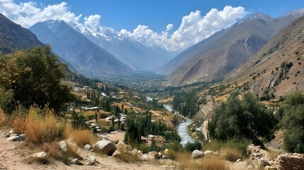 surrounded by lush hills and a small river winding through