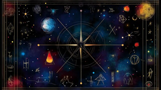 Tarot card style abstract background, black and gold line circle spin motion with stars, gothic style 