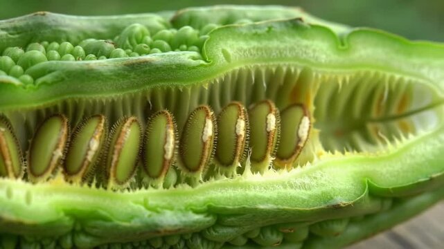Cross Section Bitter Gourd Revealing Seeds And Internal Structure