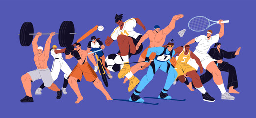 Group of sportsmen and sportswomen stands together. Banner with athletes of different kinds of sport: football, basketball, baseball, jogging, boxing, weightlifting. Flat isolated vector illustration