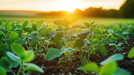 Young Green Plants in Field: Sunlit young green plants thrive in the rich soil of a vast field, bathed in the golden warmth of a setting sun, signifying life and growth.
