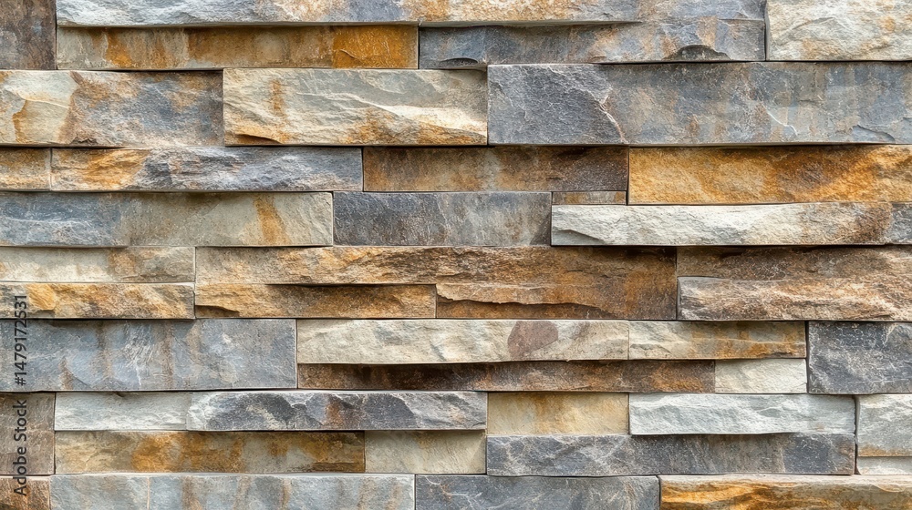 Poster Close-up of a multicolored stone wall with varied textures and shapes of rectangular stones in grey, beige, and brown hues.