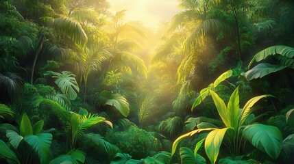 Emerald Canopy: A radiant beam of sunlight pierces through the dense foliage of a verdant forest, illuminating a flourishing ecosystem filled with lush greenery and exotic plant life.