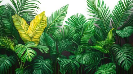 Lush Tropical Foliage: An artistic panorama of vivid green tropical foliage, a stunning visual celebration of the botanical world's beauty, freshness and vitality.