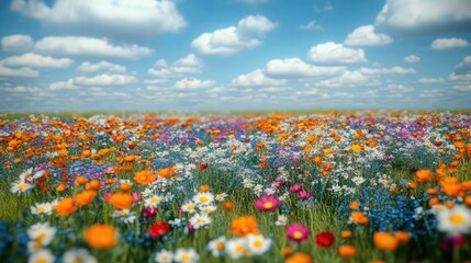 Blossoming Meadow: A vibrant field of wildflowers stretches towards the horizon under a bright blue sky dotted with fluffy clouds. A perfect harmony of colors that speaks of a serene nature.