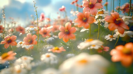 Field of Dreams:  An enchanting view of vibrant red flowers swaying gracefully in a field, bathed in the soft light of the rising sun.