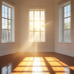 A tranquil white brick room with tall windows and worn wooden floors,