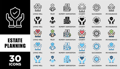 ESTATE PLANNING icon set with various styles and colors customer satisfaction questionnaire of living well, trust, property disposition, charity, succession, life insurance perfect symbol background