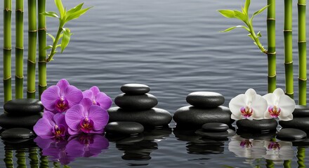 Serene Zen Garden: Orchids, Stones, and Bamboo in Tranquil Water