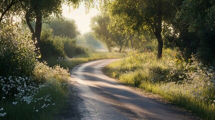 Obraz premium Sunlit Country Road through Lush Vegetation