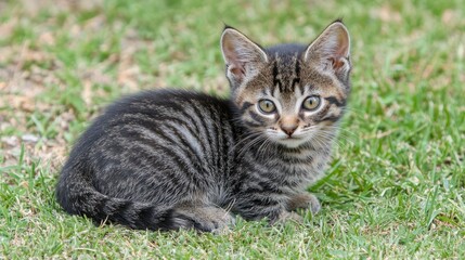 Obraz premium Adorable tabby kitten sitting in green grass, looking directly at the camera.