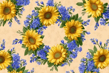 Floral wreath pattern design with sunflowers and blue flowers.