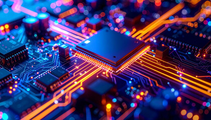 Obraz premium A vibrant and intricate close-up of a circuit board with glowing pathways and components, symbolizing connectivity and innovation. technology background