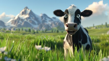 Obraz premium Animated cow in a lush meadow, foreground focus, mountains in background. Smiling, surprised expression
