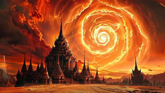 ancient Asian Thai palace with burning fire cloud in sky, portal to otherworldly fantasy theme, 