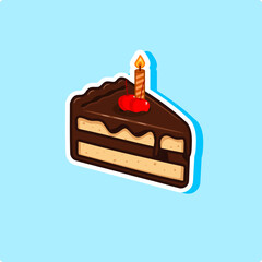 Sticker Slice of Chocolate Cake with a Lit Candle Vector Illustration Cartoon Design