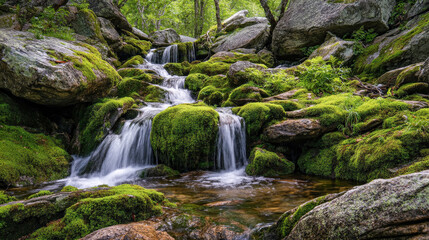 Fototapeta premium Cascading Waterfall in Lush Green Forest, Nature Scenery. Generative AI
