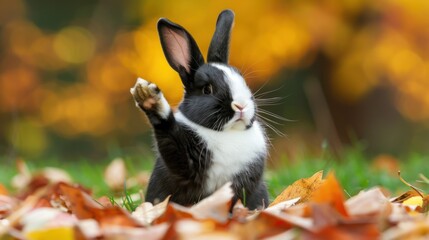 A black and white rabbit with a pink nose sits in a pile of autumn leaves with its paw raised