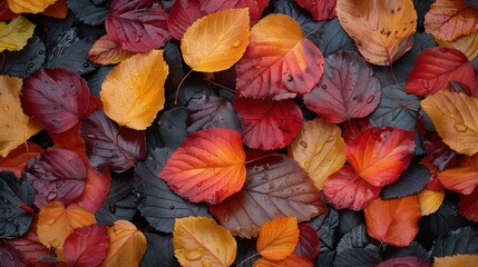 Autumn leaves on forest floor with natural light