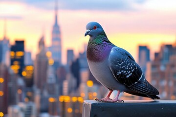 Pigeon Perched Against New York City Skyline at Sunset