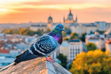 Colorful Pigeon on Rooftop Against Sunset Cityscape Background