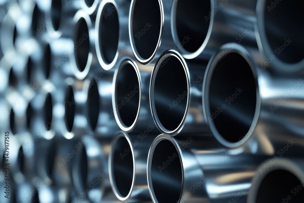 Poster abstract representation of metallic cylinders arranged in an artistic pattern in cgi render view, ab