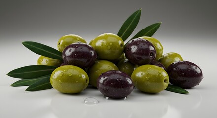 Obraz premium Olive Assortment with Leaf and Water Droplet