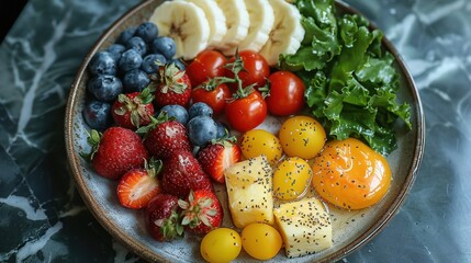 Breakfast plate with fruit, bread, and soft light