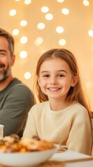 Smiling Girl Enjoying Family Dinner with Soft Background Lights