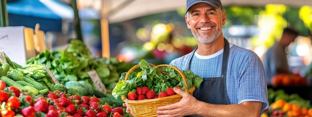 Smiling Man Holding Fresh Produce Basket at Vibrant Farmers Market
