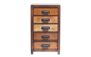 Wooden dresser with five drawers on transparent or white background