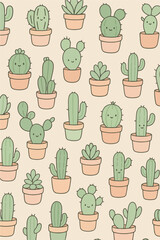 Cactus and succulents in pastel pots, illustration vector for kids fabric and prints