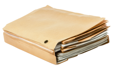 Stack of papers is piled on top of a brown folder on transparent or white background