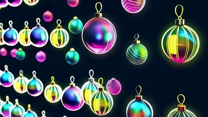 Holiday ornament decorations on dark background with bright colors, holiday theme, festive design with various shapes and glowing outlines, decor elements - Powered by Adobe