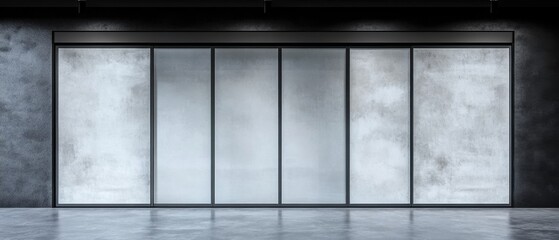 Modern minimalist interior featuring sliding glass doors and concrete walls in a spacious industrial style building