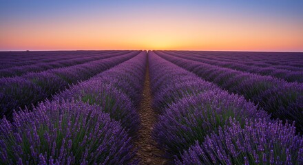 Fototapeta premium Lavender Sunset: Serene Rows of Purple Blooms at Golden Hour