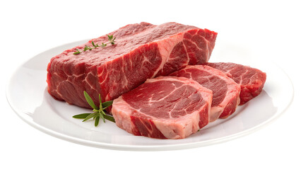Fresh raw beef cuts on a white plate with rosemary and thyme garnishes for culinary use Isolated On White Transparent Background PNG File Cut Out Social Media Advertisement HD photo Banner Label.