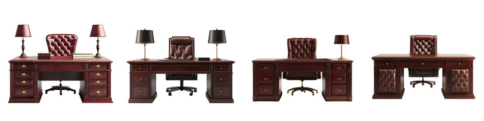 Elegant wooden desks with intricate detailing and rich mahogany finish, showcasing vintage styles, perfect for office décor, workspaces, and executive use in professional settings